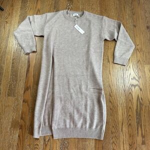 Bluivy Sweater Dress Womens S/M Beige Knit Long Sleeve Side Slit Knee Length